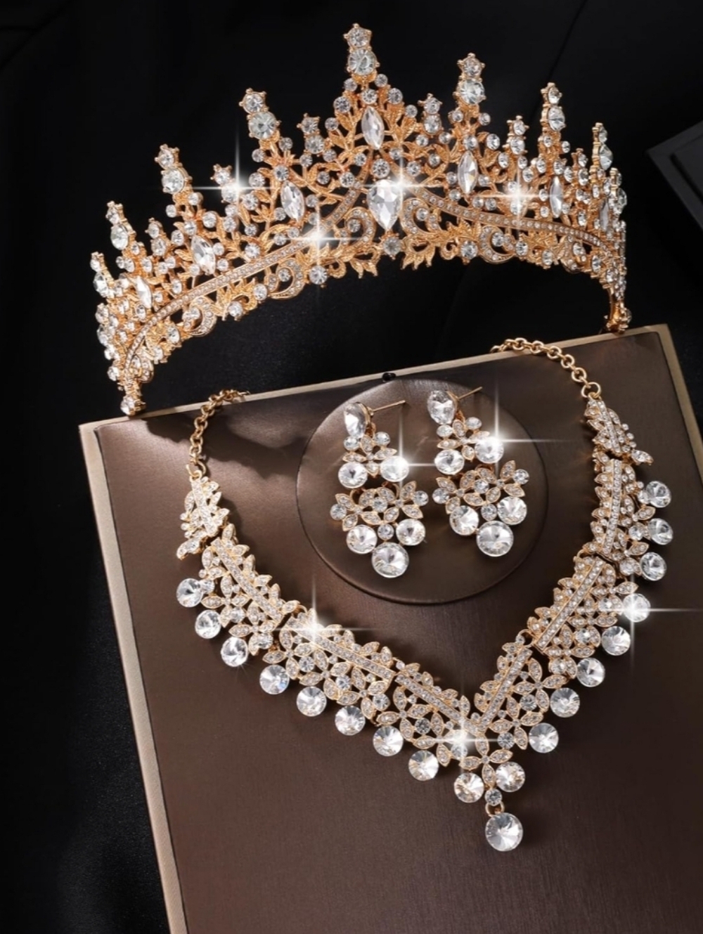 Gold Crystal Tiara, Necklace & Earrings Set